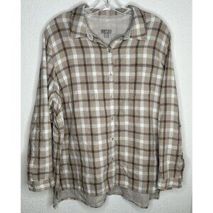 J Jill Shirt Women 2X Beige Tan Plaid Button Front Roll Tab Sleeves Casual Lined